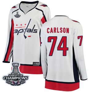 Washington Capitals John Carlson Official White Fanatics Branded Breakaway Women's Away 2018 Stanley Cup Champions Patch NHL Hoc