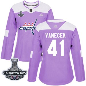 Washington Capitals Vitek Vanecek Official Purple Adidas Authentic Women's Fights Cancer Practice 2018 Stanley Cup Champions Pat