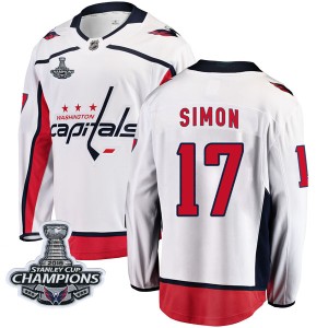 Washington Capitals Chris Simon Official White Fanatics Branded Breakaway Adult Away 2018 Stanley Cup Champions Patch NHL Hockey
