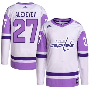 Washington Capitals Alexander Alexeyev Official White/Purple Adidas Authentic Adult Hockey Fights Cancer Primegreen NHL Hockey Jersey