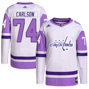 Washington Capitals John Carlson Official White/Purple Adidas Authentic Adult Hockey Fights Cancer Primegreen NHL Hockey Jersey