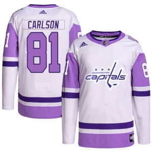 Washington Capitals Adam Carlson Official White/Purple Adidas Authentic Adult Hockey Fights Cancer Primegreen NHL Hockey Jersey