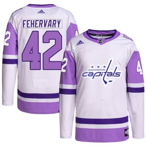 Washington Capitals Martin Fehervary Official White/Purple Adidas Authentic Adult Hockey Fights Cancer Primegreen NHL Hockey Jersey
