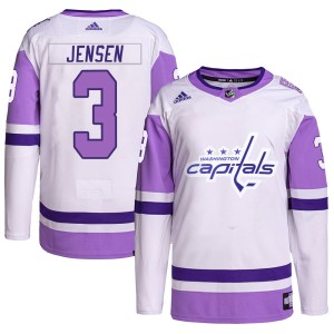 Washington Capitals Nick Jensen Official White/Purple Adidas Authentic Adult Hockey Fights Cancer Primegreen NHL Hockey Jersey