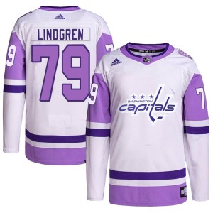 Washington Capitals Charlie Lindgren Official White/Purple Adidas Authentic Adult Hockey Fights Cancer Primegreen NHL Hockey Jersey
