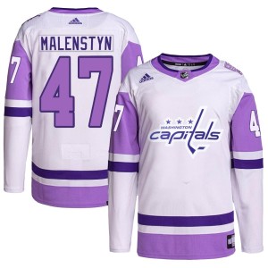 Washington Capitals Beck Malenstyn Official White/Purple Adidas Authentic Adult Hockey Fights Cancer Primegreen NHL Hockey Jersey
