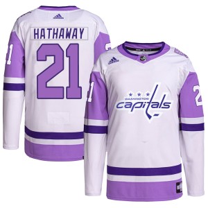 Washington Capitals Garnet Hathaway Official White/Purple Adidas Authentic Youth Hockey Fights Cancer Primegreen NHL Hockey Jersey