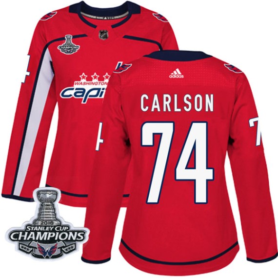 Washington Capitals John Carlson Official Red Adidas Authentic Women's Home 2018 Stanley Cup Champions Patch NHL Hockey Jersey