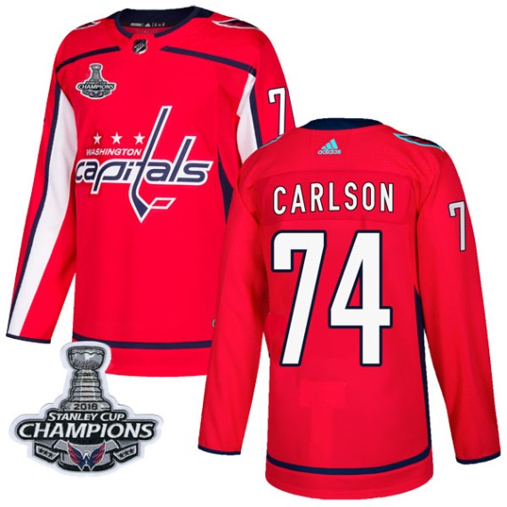 Washington Capitals John Carlson Official Red Adidas Authentic Adult Home 2018 Stanley Cup Champions Patch NHL Hockey Jersey